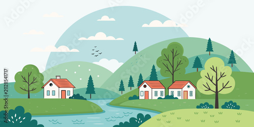 Cute village landscape illustration, small houses, green trees, river and hills, flat vector style