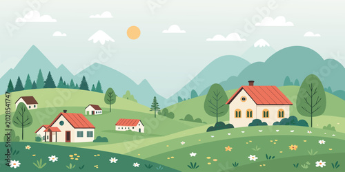 Minimal countryside village scene, green field, tiny houses, mountains in background