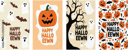  Collection of four halloween greeting cards with ghosts, bats, pumpkins and tree on beige and white backgrounds