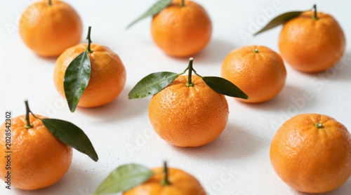 Fresh Oranges with Green Leaves on Light Background