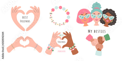 Best friends vector set hands heart with best frends, bestie bracelet, three hands holding wrists, black and white hands making heart with BFF, three diverse girlfriends My besties