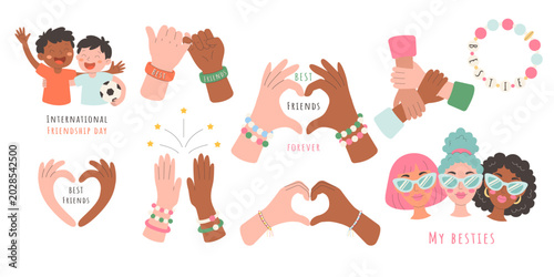 International Day of Friendship vector set. Interracial boys hugging, pinky swear, high five, hands making heart, diverse girlfriends, bestie bracelet, and multiracial hands holding wrists