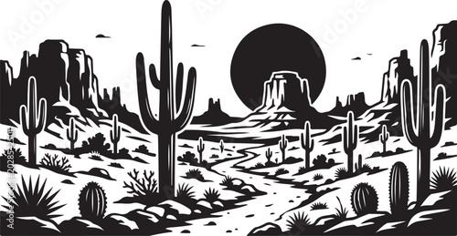 Desert Landscape Vector, Black and White Cactus Scene, Western Wilderness Illustration, Sunset Silhouette Graphic