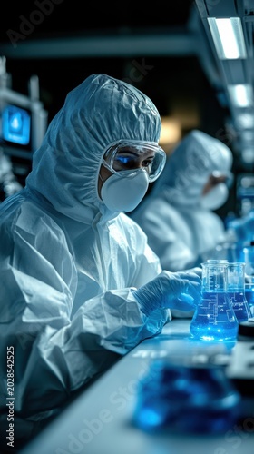 Scientist in Protective Gear Working with Laboratory Glassware