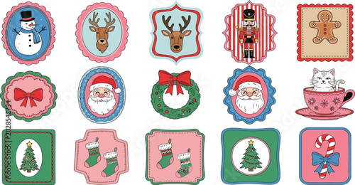 Colorful christmas icons and stickers on including snowman, reindeer, santa claus, wreath, gingerbread man, and more festive holiday images