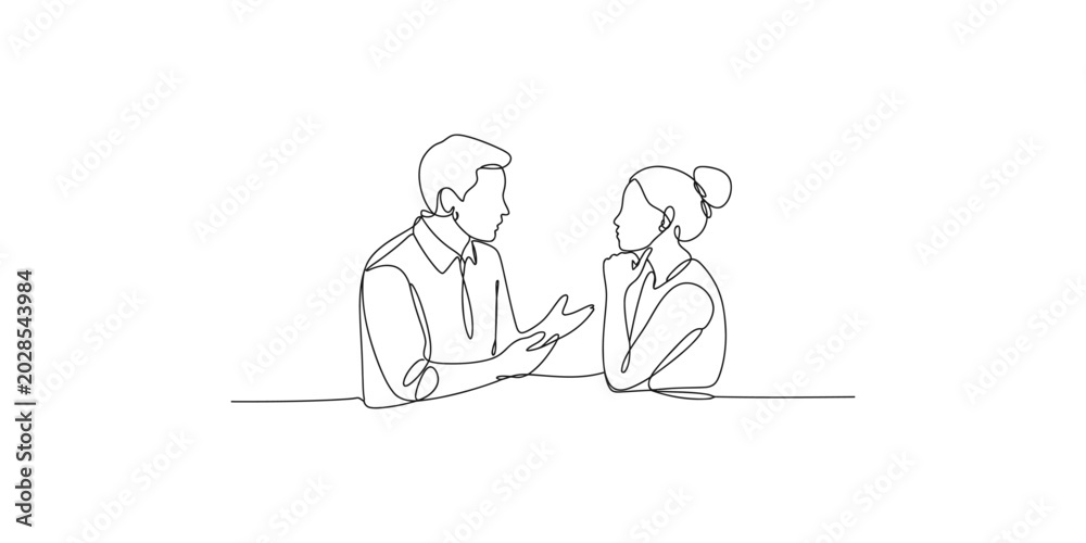 Obraz premium Continuous line drawing of a man and woman in conversation sitting at a table
