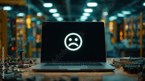 Laptop Displaying Sad Face Icon in Workshop Setting