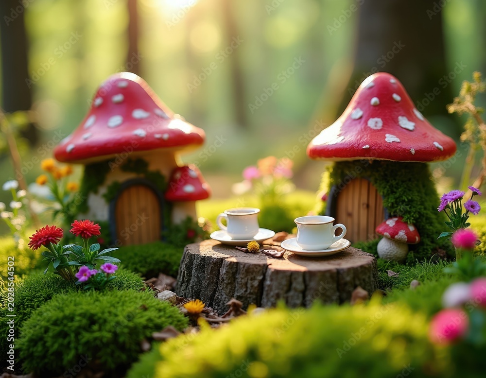 Obraz premium Whimsical fairy garden scene with mushroom houses, tiny teacups on tree stump, and colorful flowers. Enchanting miniature forest setting with rich green moss and soft sunlight.