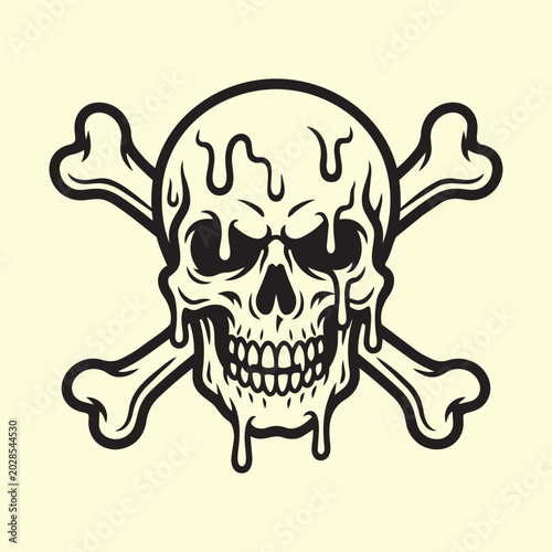 Cartoon Skull and Crossbones with Dripping Effect Line Art