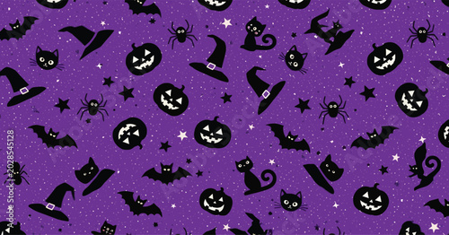 Halloween themed pattern with black cats, bats, spiders, pumpkins, and witch hats on a purple background with stars