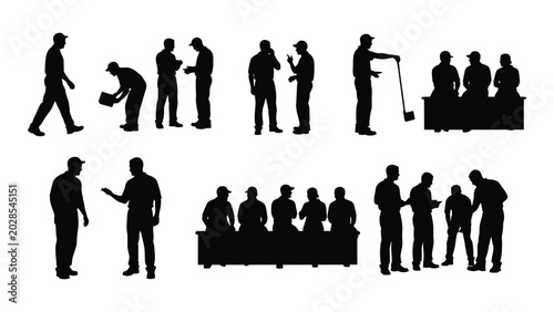 Φωτογραφία collection of construction worker silhouettes in various poses against a white b