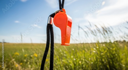 Orange Whistle Hanging Outdoors in Open Field Under Blue Sky