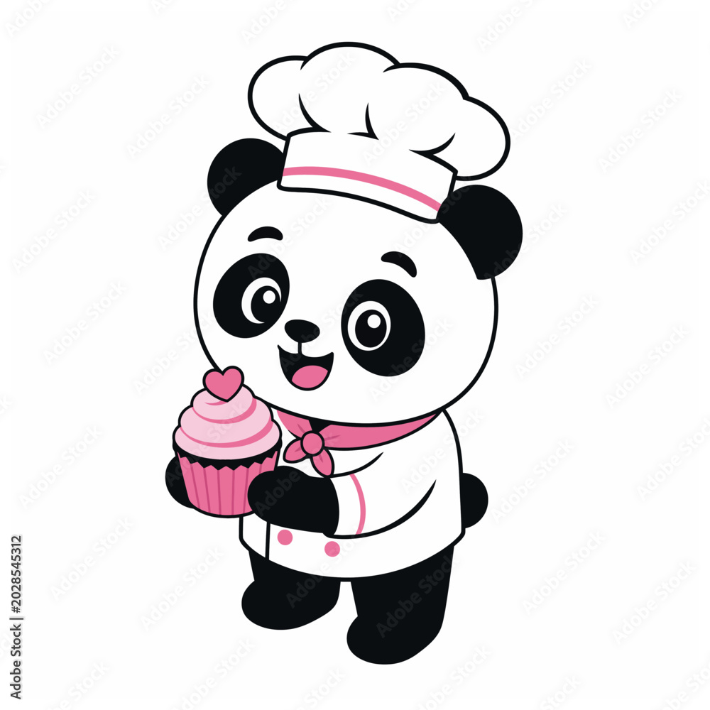 Fototapeta premium Cartoon panda bear chef holding cupcake.