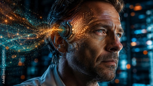 A man with a robotic implant on his temple looks ahead in a futuristic city at night.