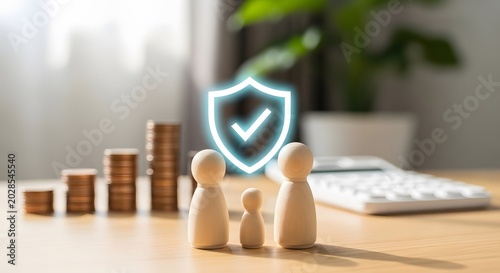 Family financial protection and life insurance savings plan concept with wooden figures and coins.