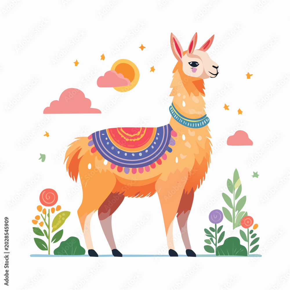Fototapeta premium Cute Llama Illustration with Colorful Blanket and Flowers