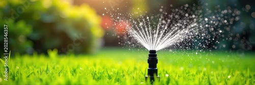 Vibrant garden sprinkler in action, showering vibrant green lawn with refreshing water droplets on a sunny day  Perfect for summer, irrigation, and landscaping themes ,  moisture,  refreshing,  wet