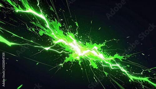 Abstract impact of toxic green glowing lightning sparks effects anime on plain black background