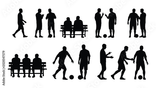Tableau sur toile collection of black silhouettes depicting people playing soccer and relaxing on
