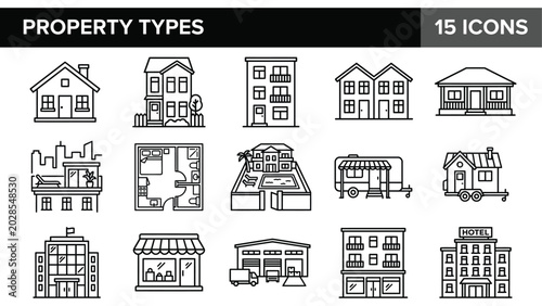 Property types icon set with 15 line icons, real estate building symbols, residential and commercial house vector