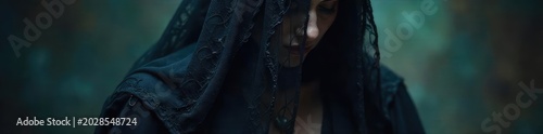 Mysterious black witch's veil, intricately woven with dark threads, hangs dramatically in a dimly lit room Perfect for Halloween, fantasy, or gothic-themed projects , enchantment, spooky, antique