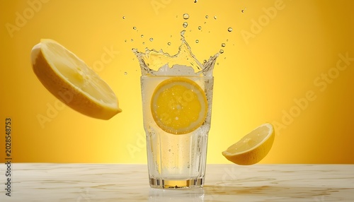 Glass of water with lemon slice splash yellow background vibrant refreshing drink concept photo