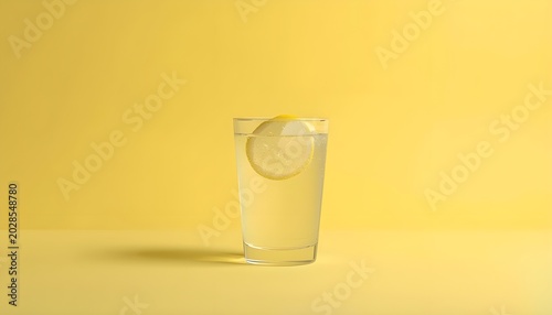 Glass of water with lemon slice yellow background minimalist refreshing drink concept photo