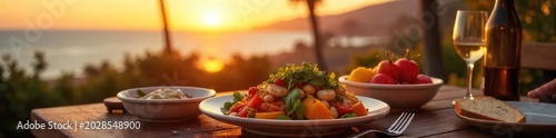 A vibrant California sunset casts a warm glow over a table laden with fresh seafood, vibrant salads, and artisan bread, embodying the state's casual yet refined dining scene , avocado, simple