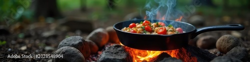 A crackling campfire with a cast iron skillet sizzling over the flames, cooking delicious food outdoors Perfect for camping, survival, and outdoor cooking imagery , breakfast, bbq, fire