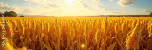 Golden ears of corn harvested in a vast field, sunlight illuminating the rows Ready for transport and processing A bountiful autumn harvest , land, farming equipment