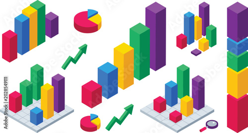 Cuadro en lienzo Isometric Business Analytics Vector Collection with Colorful Bar Charts, Growth