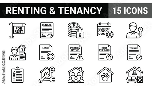 Tableau sur toile Renting and tenancy line icons set, 15 real estate rental vector symbols, proper