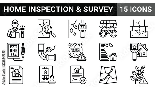Home inspection and survey icons set, 15 property maintenance vector symbols, residential building assessment signs