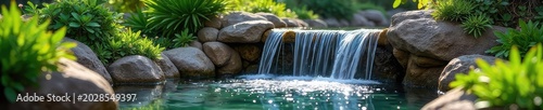 Serene cascading water feature, a mesmerizing blend of waterfall and fountain design, creating a tranquil oasis  Perfect for relaxation and nature themes ,  movement,  bright
