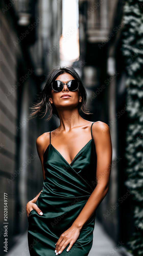 Fototapeta premium Elegant woman wearing round sunglasses, emerald silk satin dress, posing in urban alley. European street fashion editorial, luxury style, evening glamour portrait.