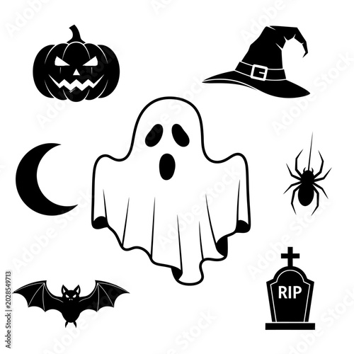 Black and white Halloween icons set.