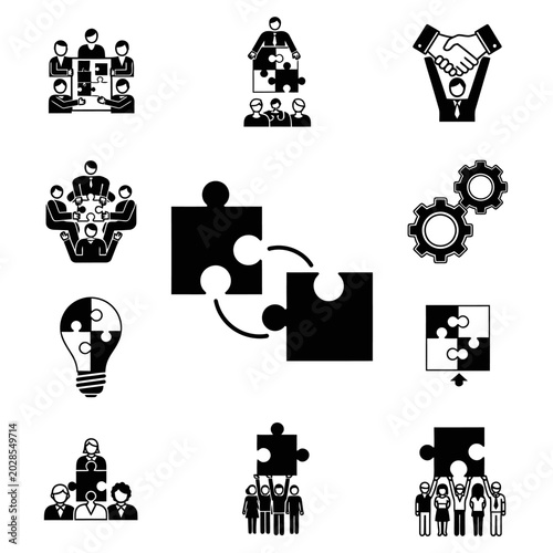 Black and white puzzle pieces connect.