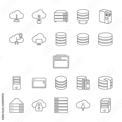 Black and white line icons of servers.