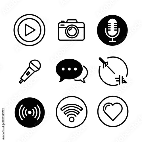Black and white media icons set.