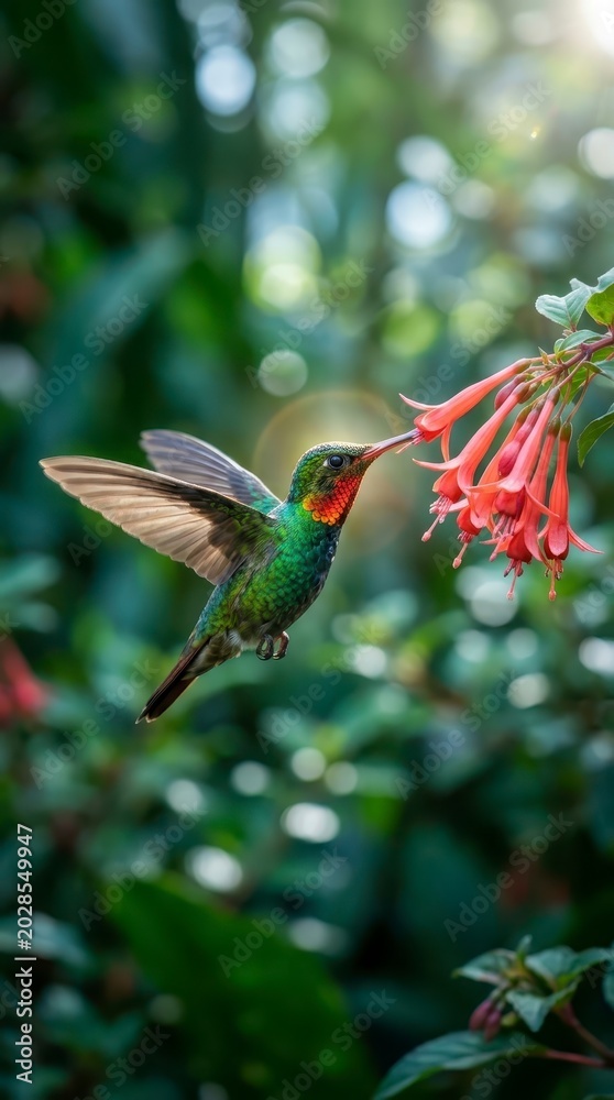 Fototapeta premium Vibrant hummingbird feeding on pink flowers in lush garden