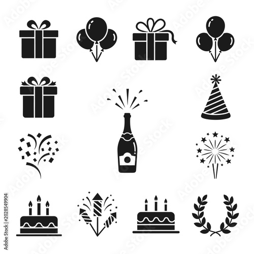 Black icons of birthday celebration objects.