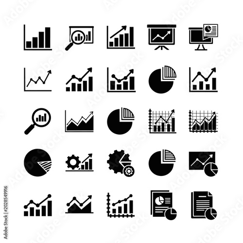 Black icons of business charts graphs.