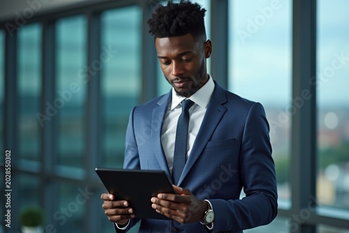 African American Businessman Analyzing Financial Data on Digital Tablet with Panoramic Background