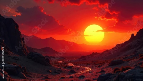 Fiery orange and red sunset casting long shadows across a barren, rocky landscape The scene evokes a sense of strength and determination, reminiscent of the Aries zodiac sign , hot, aries