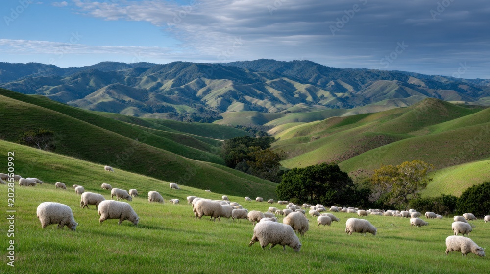 Fototapeta premium Rolling green hills stretch across the landscape, dotted with sheep grazing peacefully, creating a serene and picturesque rural scene