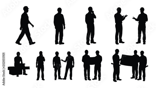 collection of construction worker silhouettes in various poses against a white background silhouette