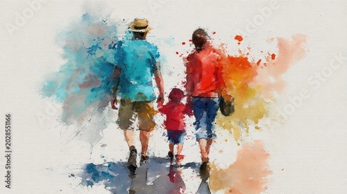 Watercolor splash of a family walking hand-in-hand