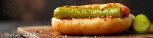 A juicy pickle spear nestled inside a grilled hot dog, creating a surprisingly delicious and tangy fusion food Perfect for summer barbecues or a unique snack , food, crispy, vegetable