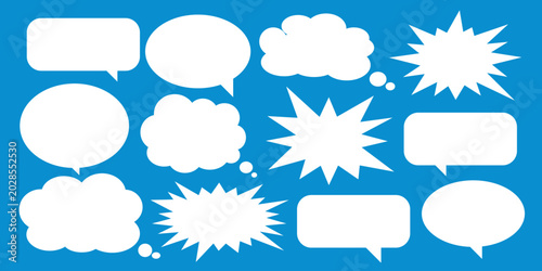 A set of chat box designs for comments on social media or comics. Vector designs of speech bubbles, text boxes, and conversation chat columns in comics.
