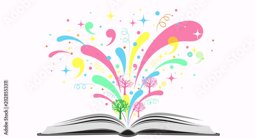 Canvas Print Whimsical vector illustration of an open book with colorful splashes and stars e